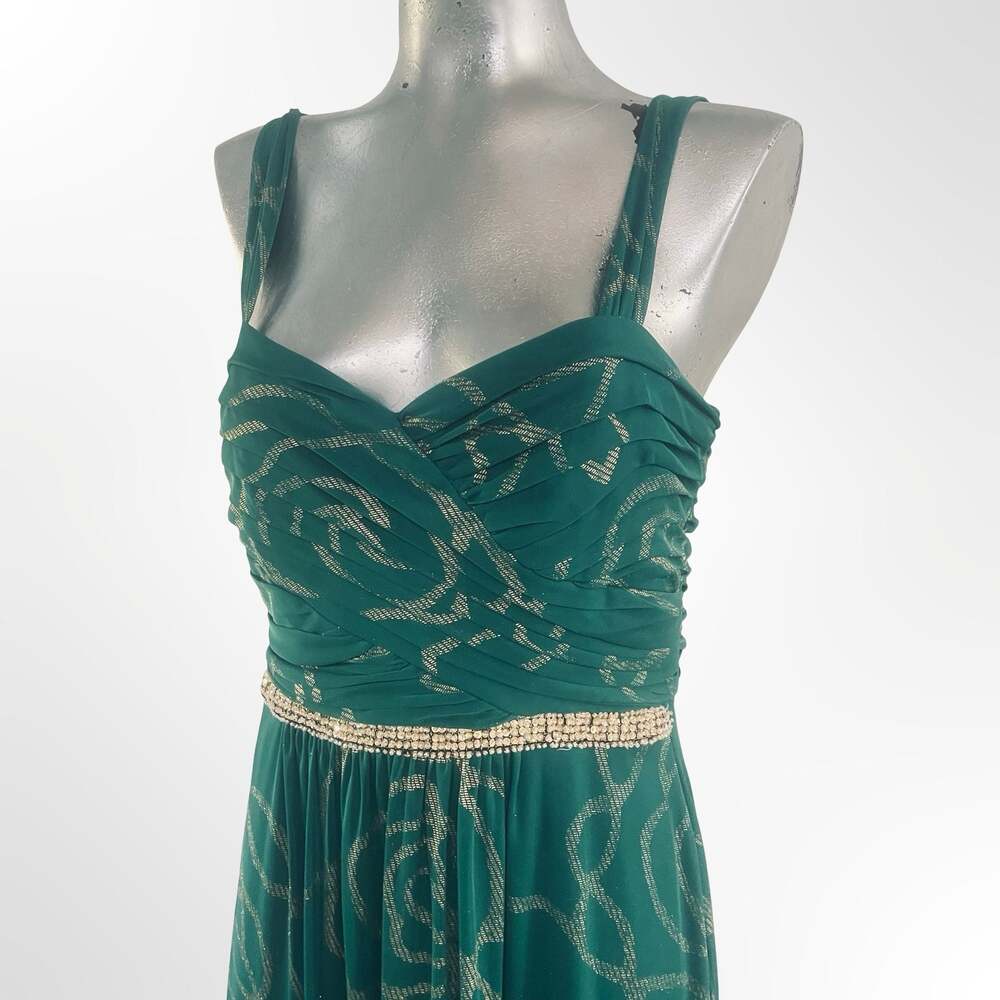 Scarlett Green Evening Gown with Metallic Floral Print & Jeweled Waist